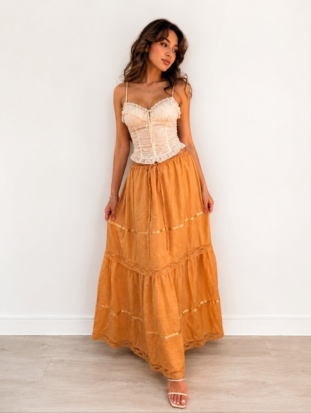 Nasty Gal Light Orange Tiered Maxi Skirt - Women's Drawstring Waist